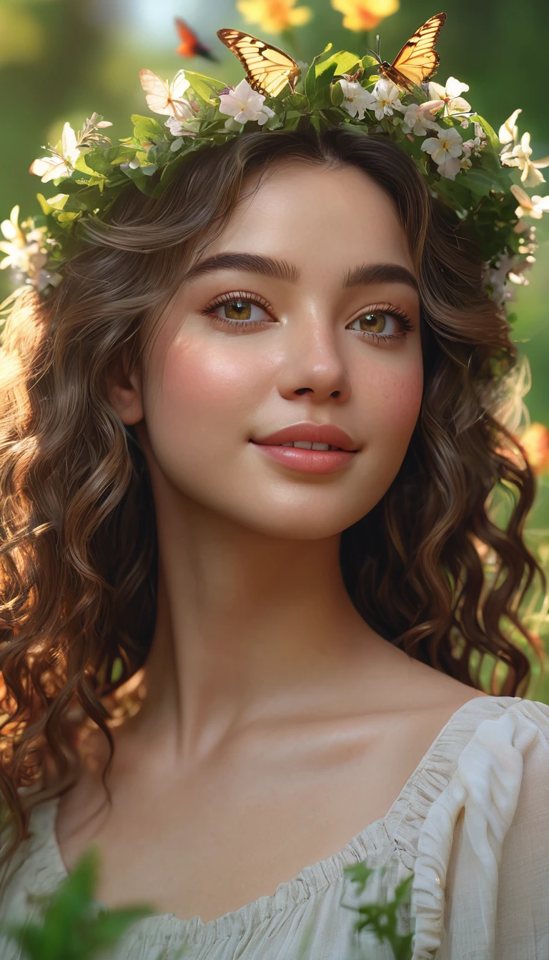 (best quality,4k,8k,highres,masterpiece:1.2),ultra-detailed,(realistic,photorealistic,photo-realistic:1.37),portrait,natural lighting,warm tones,girl,garden,beautiful detailed eyes,beautiful detailed lips,extremely detailed face,long eyelashes, youth,beautiful smile,golden hour,sunlight filtering through the trees,flowing hair,curly hair,wearing a flower wreath,peaceful expression,interacting with nature,surrounded by blooming flowers,fresh air,serene atmosphere,soft breeze,grassy meadow,colorful butterflies fluttering around her,hummingbirds hovering nearby,gentle touch of sunlight on her skin,lush greenery,birds chirping in the background,harmonious and tranquil ambiance