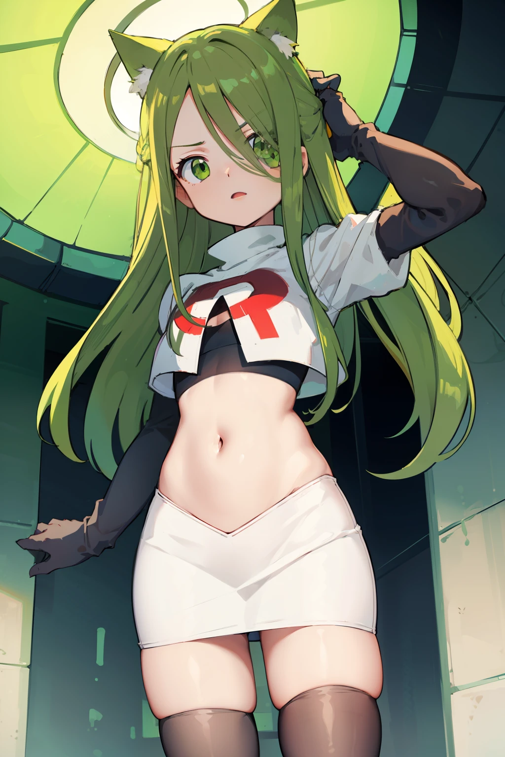 masterpiece, best quality, Izumi\(digimon\),hair over one eye, green eyes,green hair, long hair, 1girl, solo, team rocket,team rocket uniform, red letter R, white skirt,white crop top,black thigh-highs,black elbow gloves, cat hat