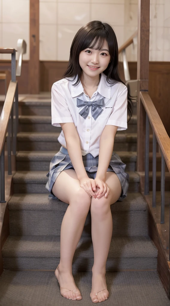 table top, highest quality, 8K, office lady、Mei Watanabe、award winning portrait, smile, alone,  Digital single-lens reflex camera, looking at the viewer, thin arms, whole body、professional lighting ,{{sit on the stairs}}, black haired , AKB48 Costume、super mini skirt、white lace panties、raise your legs、