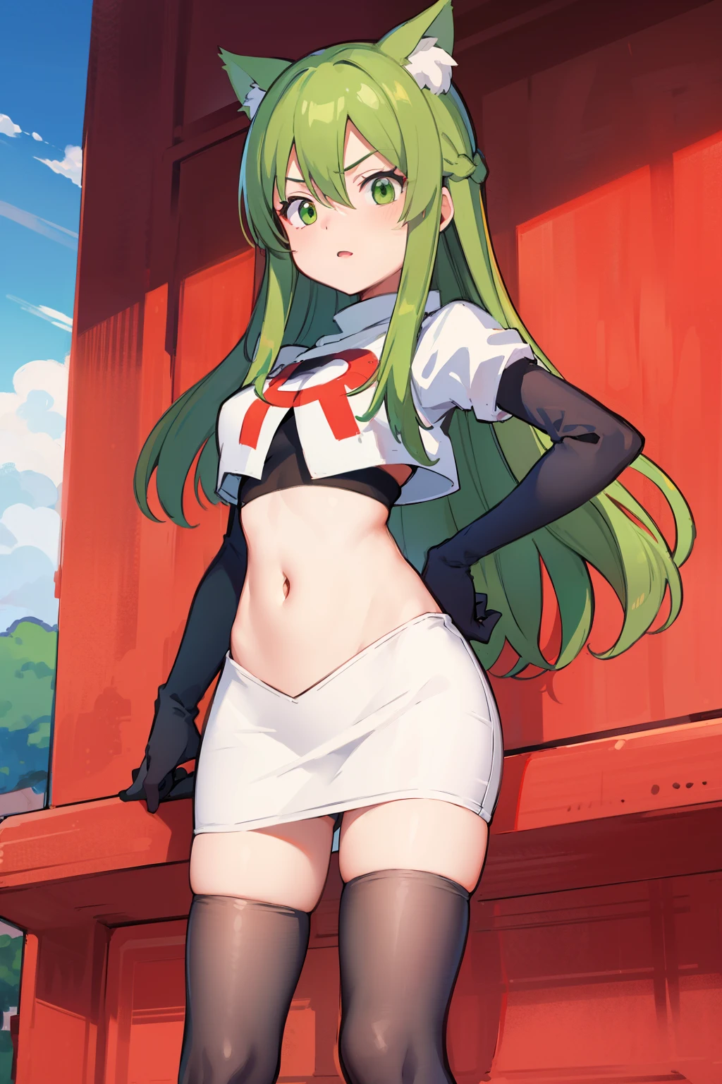 masterpiece, best quality, Izumi\(digimon\),hair over one eye, green eyes,green hair, long hair, 1girl, solo, team rocket,team rocket uniform, red letter R, white skirt,white crop top,black thigh-highs,black elbow gloves, cat hat