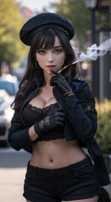  22 years old, (milf:0.8), (solo:1.5), (sfw:1.25), cute breast, beautiful breasts, medium tits, thin waist, big ass:1.0, Raised sexy, (beret, black jacket, open clothes, cleavage, midriff, black shorts, black thighhighs, thigh strap, fingerless gloves, single glove:1.2), blue eyes, light smile, big , Revimpling fabric, earrings, Hand gloves, detailed face,(smoking:1.3),long hair,side ponytail,hair between eyes,bangs,detailed and beautiful eyes,beautiful detailed lips,Rolling her eyes,manner,hair over one eye, (ultra high resolution, 8K RAW photo, photo realistics, thin outline:1.3, clear focus), best qualtiy, natural lighting, textile shading, blurry back ground, field depth, (Bright pupils, fine detailed beautiful eyes with highlight:1.3, high detailed face), Red lip, fine realistic skins:1.1, looking down viewers:1.3, (dynamic angle:1.3, front view:1.1, breast focus:1.3, from below:1.2), (dynamic posing:1.5, sexy posing:1.2),Youghal, side lock, hair ornaments, hair band,nice,garden background,artistic rendering,Super detailed,(highest quality,4k,8K,High resolution,masterpiece:1.2),Bright colors,studio lighting
