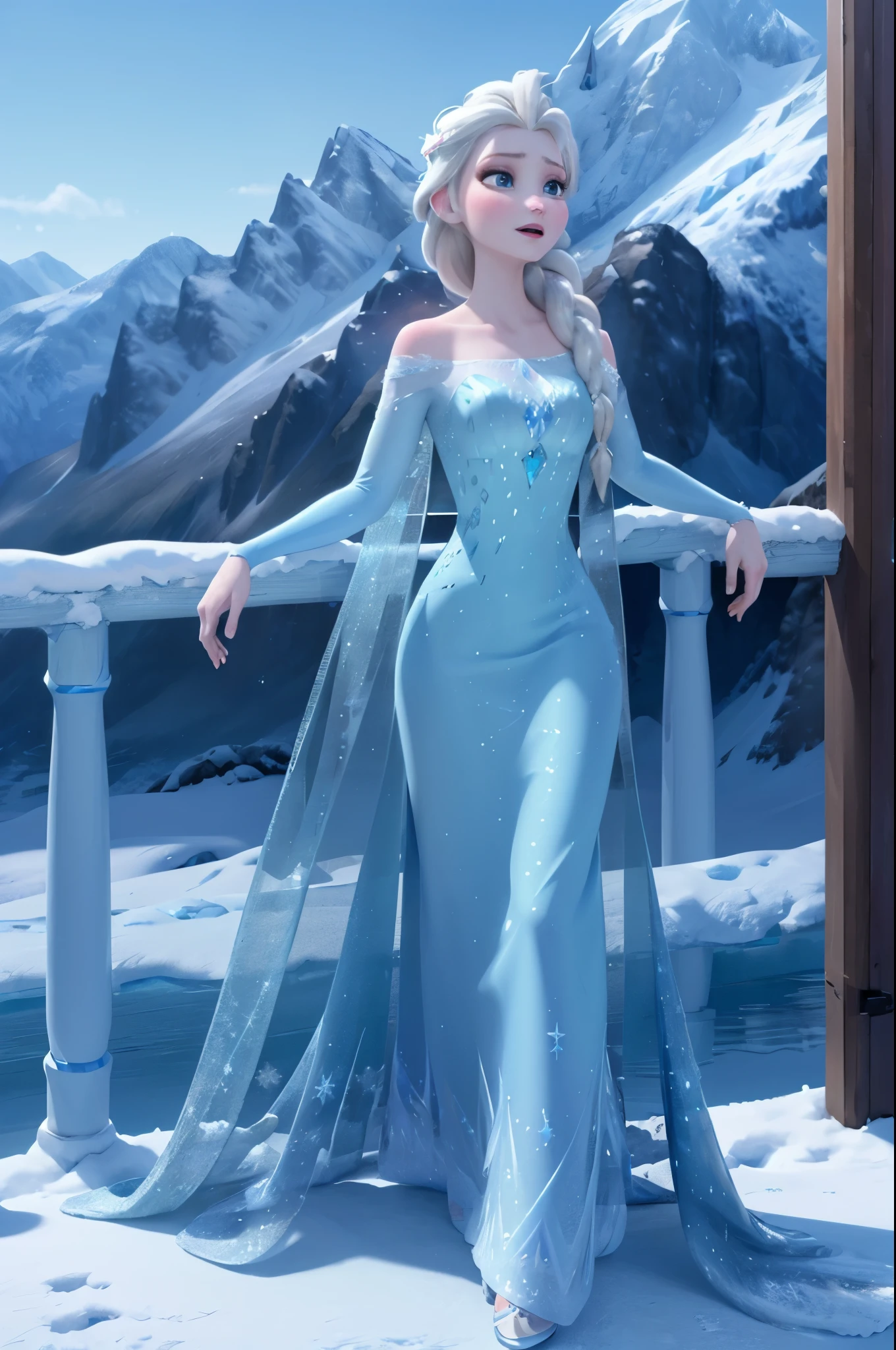 (masterpiece:1.4), (best qualit:1.4), (high resolution:1.4), elsa of arendelle, blue ice dress, single braid, (looking at viewer:1.1), mountain, snow, ice, 