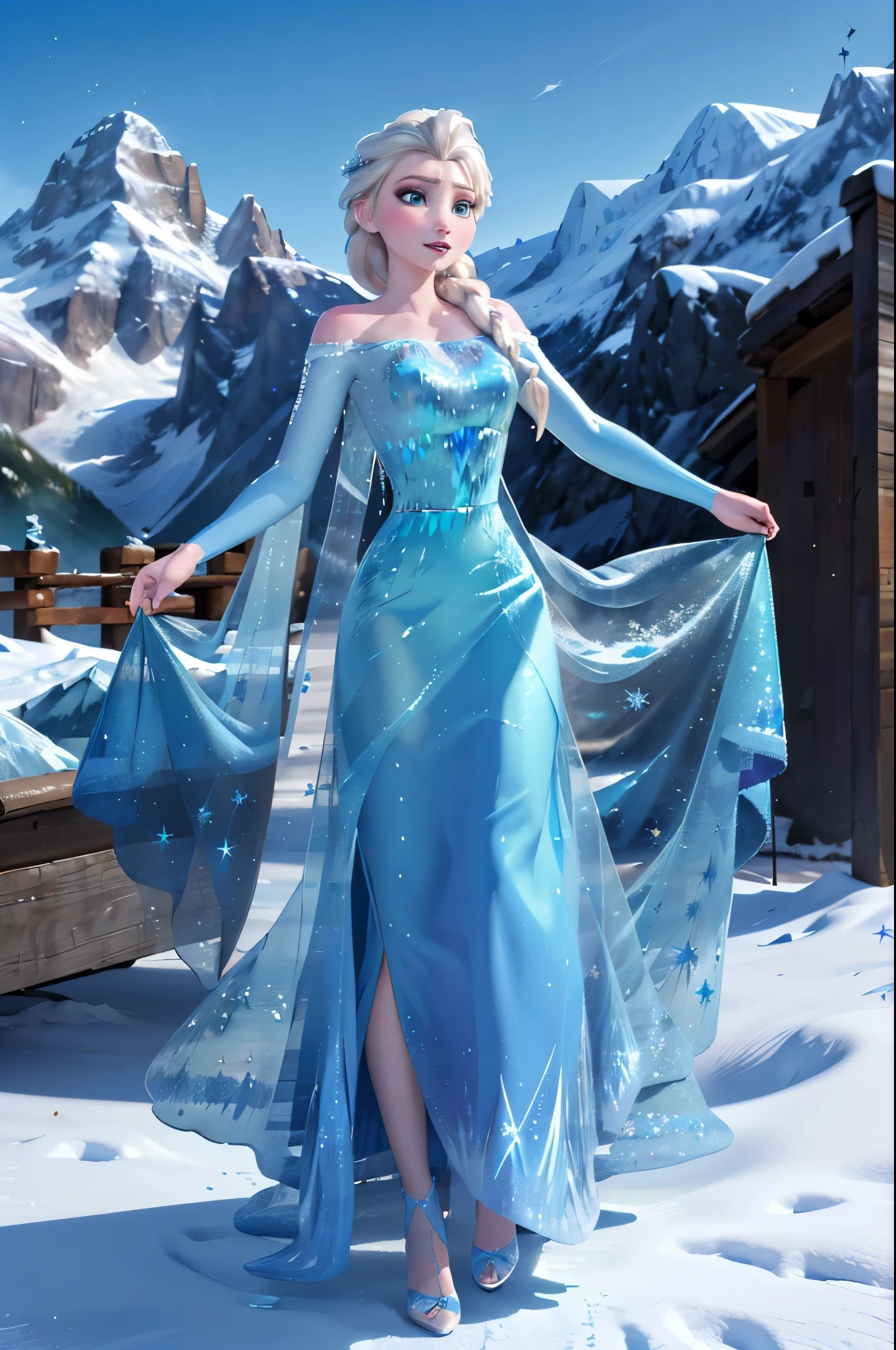 (masterpiece:1.4), (best qualit:1.4), (high resolution:1.4), elsa of arendelle, blue ice dress, single braid, (looking at viewer:1.1), mountain, snow, ice, 