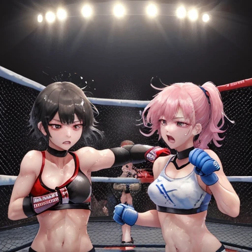 Two beautiful high school girls mixed martial artists fighting very hard in kickboxing, bleeding。Fighting inside the Octagon。Rivals。do not want to lose。Shortness of breath with open mouth。I&#39;m soaked in sweat。open finger gloves。sports bra。Underwear trunks。erect nipples。