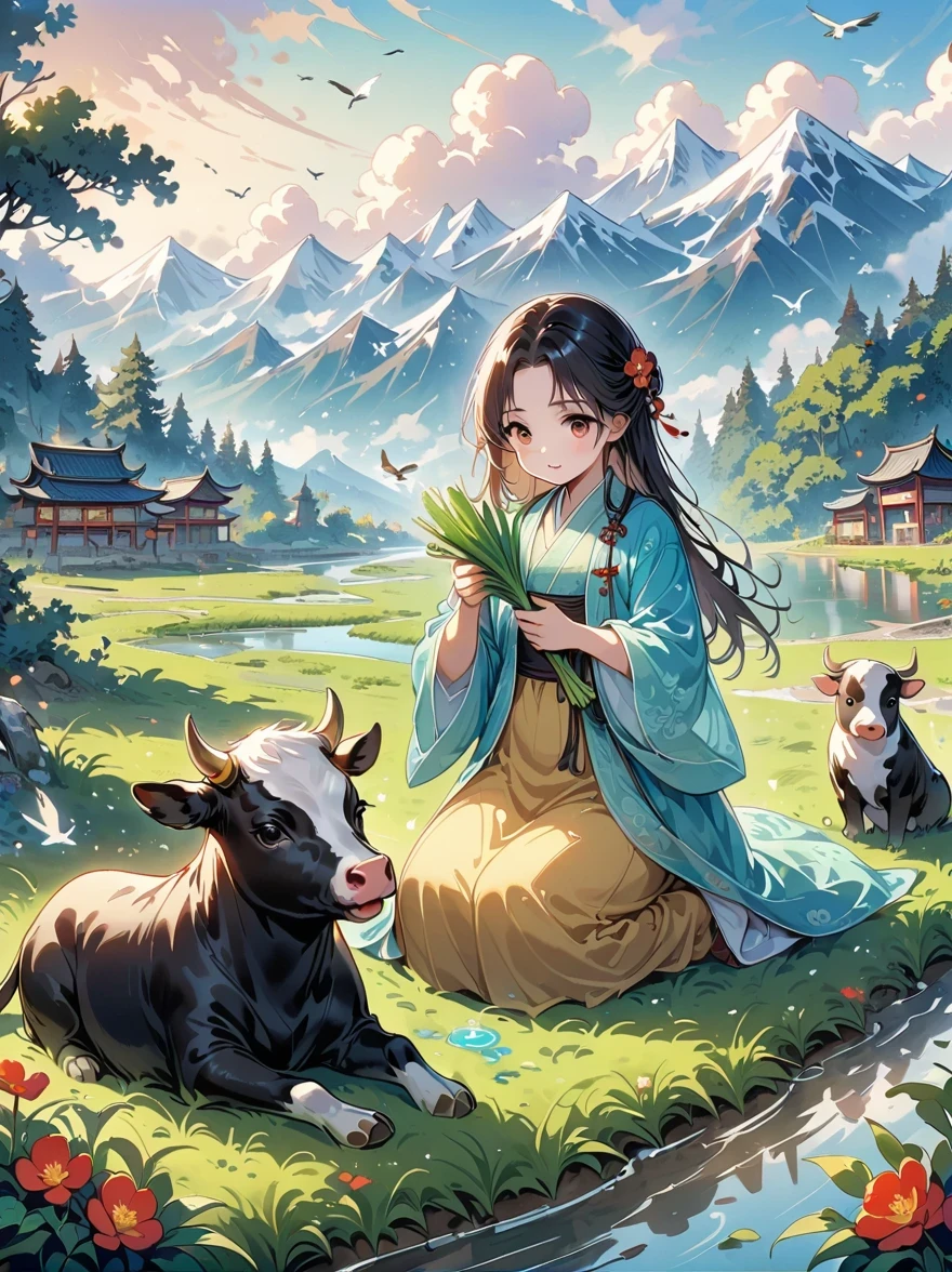 super detailed，Chinese ink style，Chinese Dream Landscape，Rain during the Qingming Festival，A cute  Chinese boy，Dressed in light-colored Hanfu，Planting vegetables with a hoe，A black cow eating grass，From Bubble Mart。She is in the field，The river in the distance、grassland，There are mountains in the distance，Birds circling in the sky，With green onions。