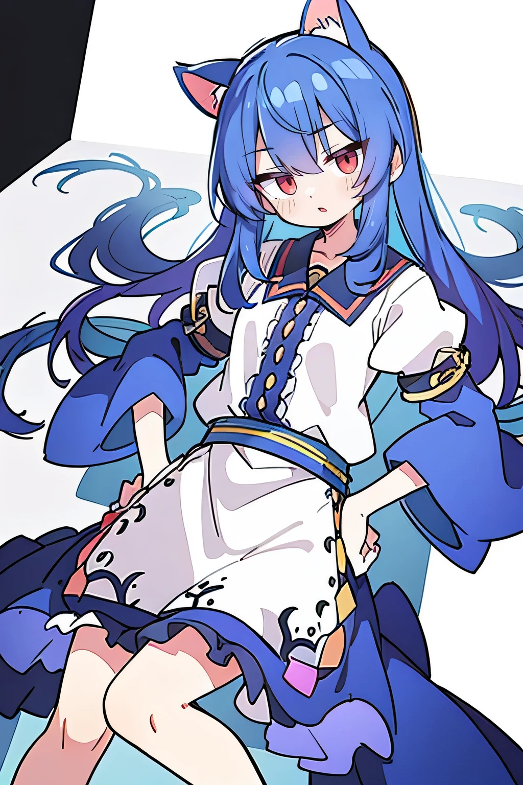 (Masterpiece), best quality, expressive eyes, perfect face, 1girl,
 Put your hands on your waist, fair, gorgeous, Japanese comics, girl, Lola, young angel, blue hair, blue hair, flowing clothes, hug the waist, hug the waist, hands on hips, hands on hips, lay down , lying on the ground, legs on the ground, flat chest, cat ears,red eye,