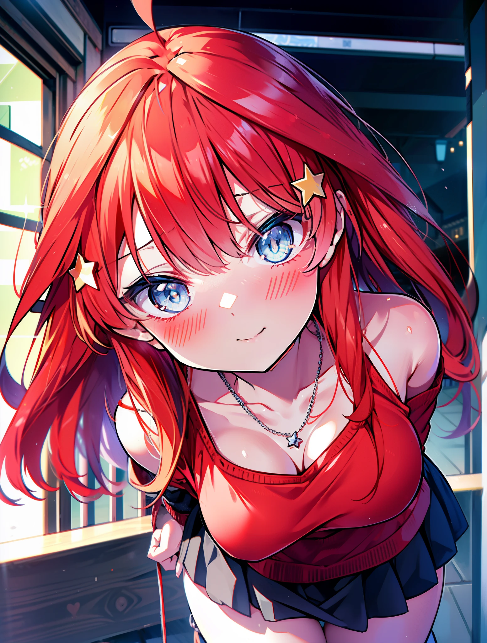 itsukinakano, itsuki nakano, bangs, blue eyes, hair between eyes, Ahoge, redhead, star \(symbol\happy smile, smile, open your mouth,embarrassing,blush, hair ornaments, star hair ornaments,Akagi glasses,red off shoulder sweater,bare shoulders,bare clavicle,naked neck,Heart Pendant Necklace,Black long skirt,Mini Boots,put your left hand on your waist,slouch,whole bodyがイラストに入るように,There are many shops,noon,Light of the sun,clear,Looking up from below,
break outdoors, station,square,
break looking at viewer,whole body (cowboy shot:1.5),
break (masterpiece:1.2), highest quality, High resolution, unity 8k wallpaper, (shape:0.8), (fine and beautiful eyes:1.6), highly detailed face, perfect lighting, Very detailed CG, (perfect hands, perfect anatomy),