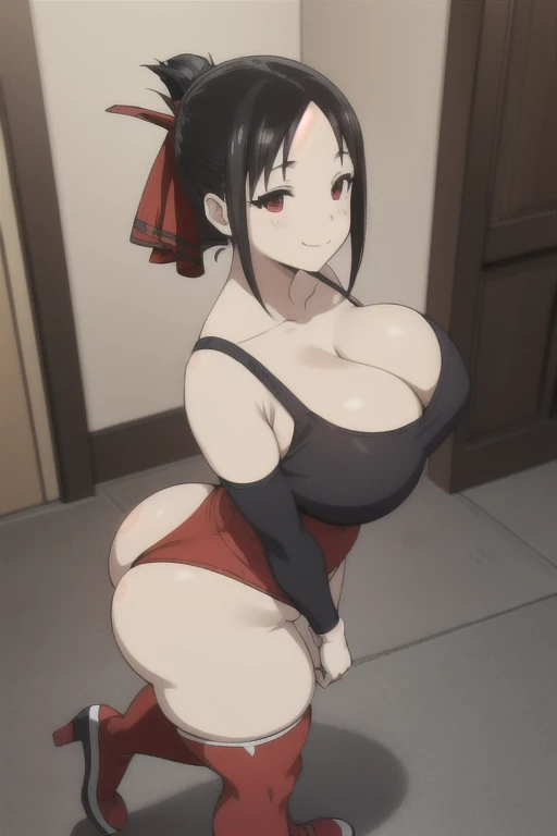 (masterpiece:1.2, best quality:1.2, beautiful, high quality, highres:1.1, aesthetic), detailed, extremely detailed, ambient soft lighting, 4K, perfect eyes, perfect face, perfect lighting, 1girl, solo, shinomiya kaguya, closed mouth, light smile, black hair, red eyes, short hair, folded ponytail, hair ribbon, red ribbon, huge ass, huge breasts, huge thighs, narrow waist, wide hips, thick thighs, curvy, ponytail, cleavage, face paint, clown outfit, colorful outfit, skintight outfit, jester hat, pointy shoes, smile,