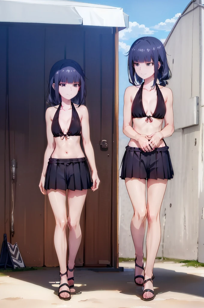 (best quality:1.4), highres, 1girl, black hair, black eyes, small breasts, black swimsuit, detailed face, sandals, bare legs, beach, walking, full body, evil smile,