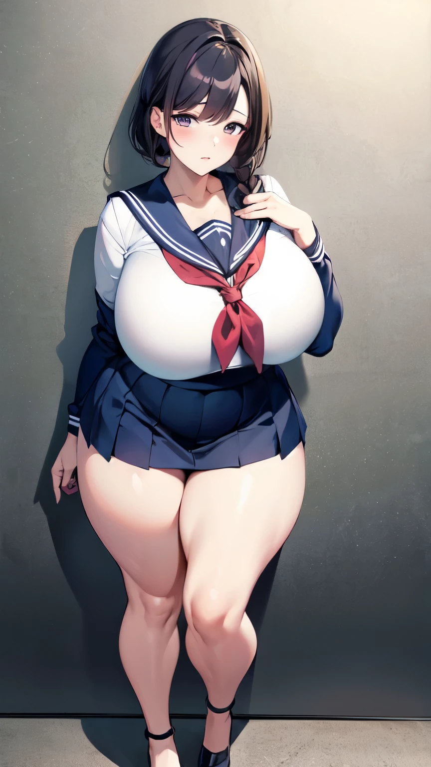 huge breasts, big hips,full body shot, mature mother, Whip whip lower body, plump thighs, plump calves, bewitching mature woman, Perfect body, plus size model,high school girl,sailor suit, skirt is short,Mature woman wearing sailor suit,