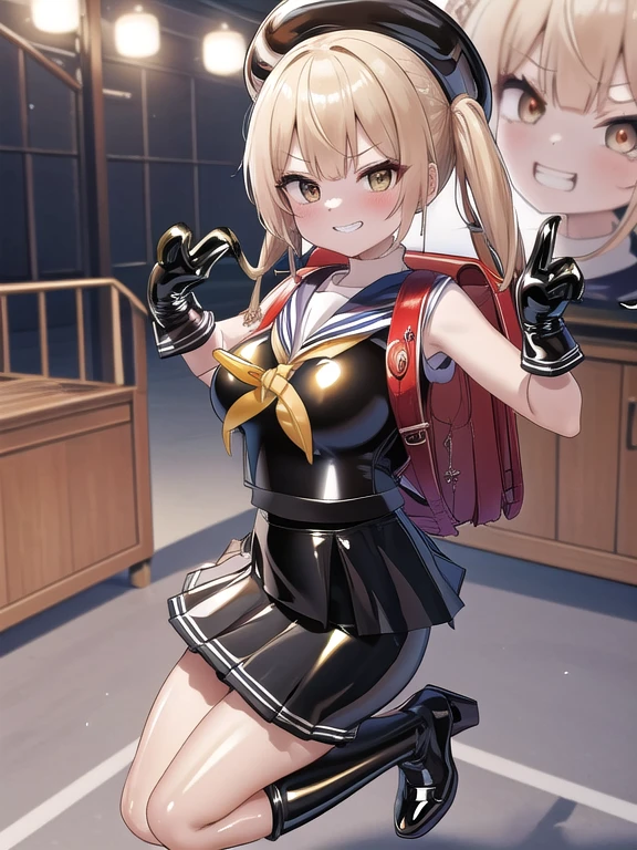 masterpiece, highest quality, High resolution, 1 girl, blonde hair, medium hair, short twin tails, Braid, stage, smile, open your mouth, I have a microphone, wearing school Backpack, (Backpack:1.1), red Backpack 公式アート, spouse、Highly detailed CG Unity 8K wallpaper, highest quality, masterpiece, High resolution,Shiny latex thigh boots, Blonde straight long hair, brown belt, leather shoulder bag、Latex gloves, (Shiny Latex Sailor Suit:1.6)、(Latex uniform)、(Shiny latex pleated skirt:1.6)、 leather texture, full body photo, Melon face, small face, (huge breasts、big breasts)、(Get angry)、(grin and laugh)、(Latex high heels)、tread on、kick