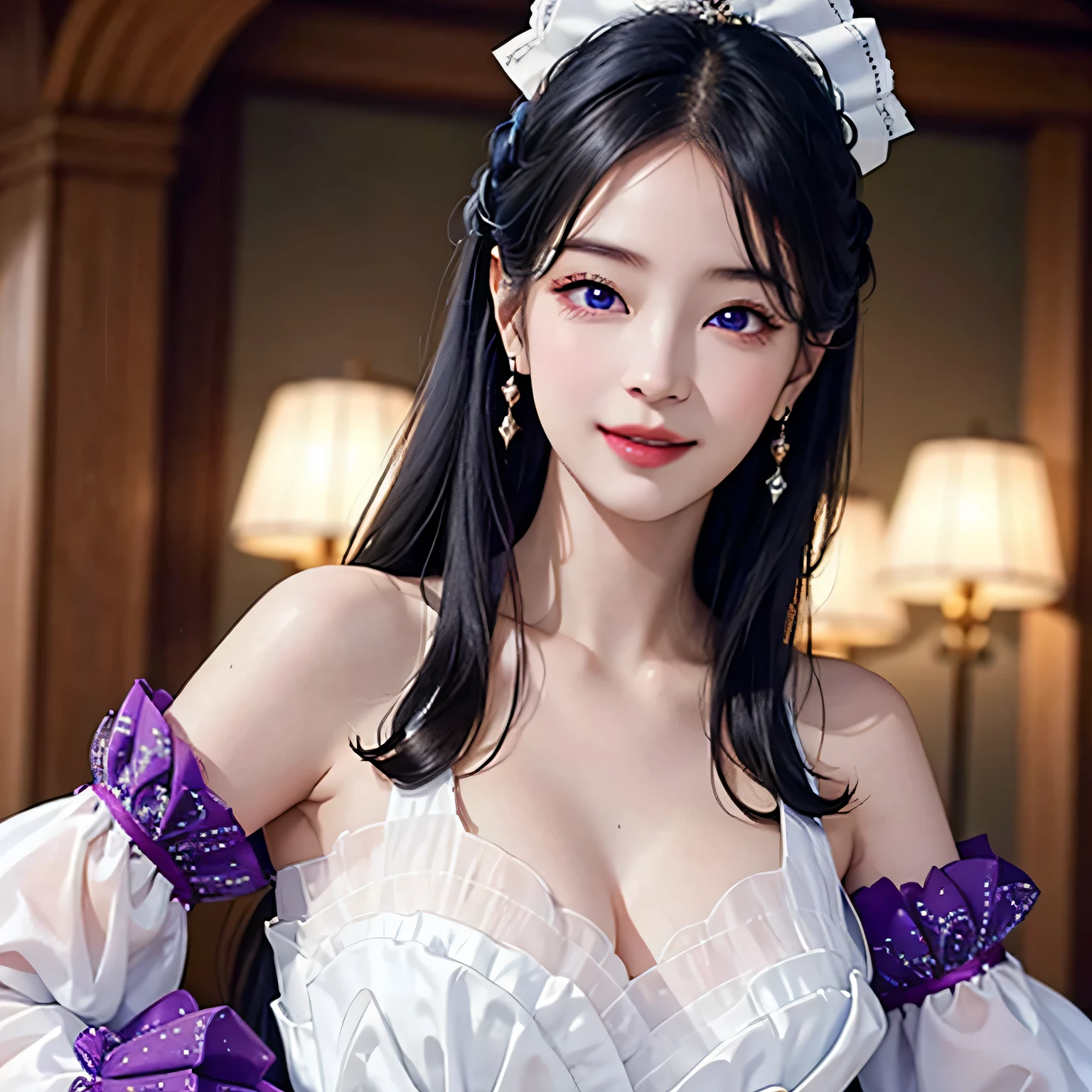 Korean,realistic, masterpiece, final details, photo realistic, intricate details, octane rendering, 8K, 1 girl, perfect face all over, beautiful face, nswf, trough reference, hair details,, black bow, black gloves, black feet, blue eyes, blue hair, bow, clavicle, dress, drill hair, frills, frills, gloves, gwen, headdress, High resolution, long hair, parted lips, plump sleeves, purple eyes, smile, alone, white dress, oil skin,