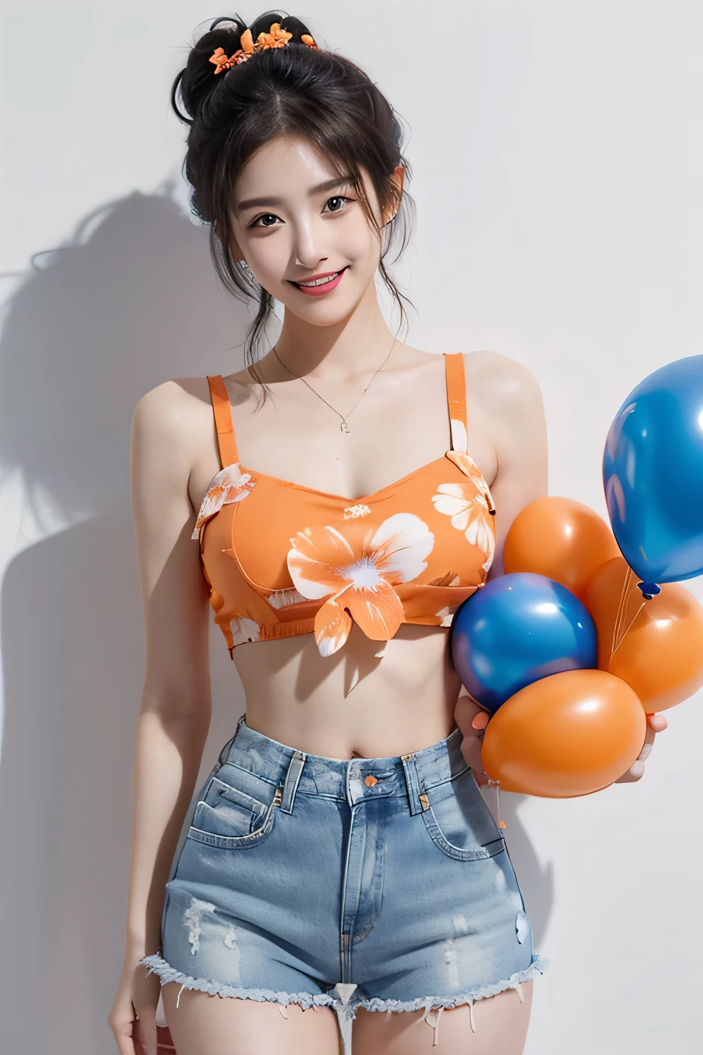 Masterpiece, best quality, beautiful girl, Wearing an orange Hawaiian flower crop top., blue short jeans skirt, Sailor Moon hairstyle, smile, laugh, Big chest 700 cc, standing holding a balloon, I'm wet., Wet clothes, half body