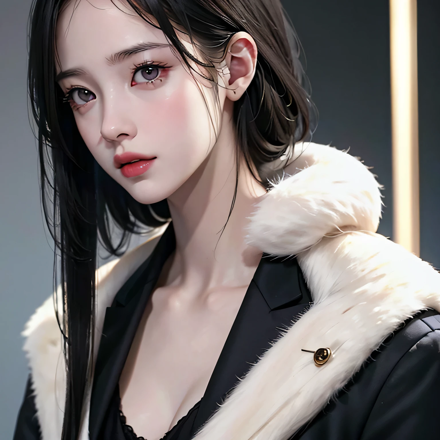 Beautiful girl with realistic black eyes, pale skin, medium length black hair, perfect face, perfect eyes, wearing a coat, very detailed, comprehensive movie, digital painting, 8K, cinematic lighting, highest quality, High resolution, Great job!, Post-processing, perfect result, surreal，(((revealing clothes)))，big breasts，NSFW:0.9