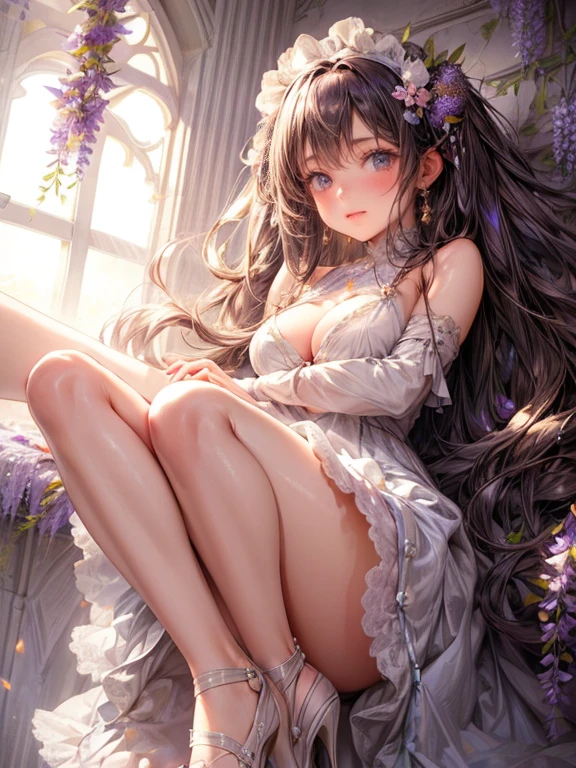 cute girl, in wisteria trejllis:1.4, masterpiece:1.4, best quality:1.4, 8k, CG, photorealistic:1.37, beautiful ultra-delicate (hair, eyes, face, hands, wisteria), long straight black hair, flowy hair, beautiful detailed fluff tops bare shoulder (under boob), beautiful detailed fluffly pure white dress skirt, (dutch angle:1.2), high heels, 