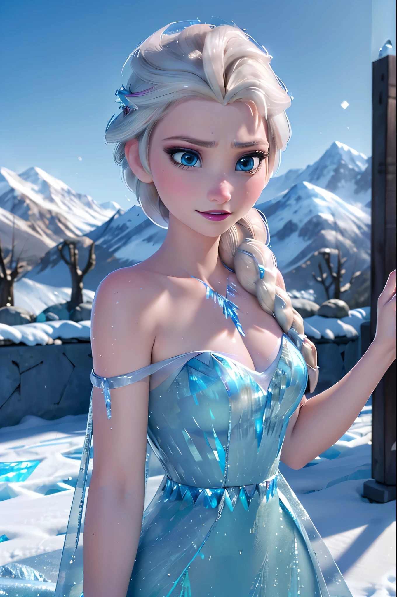 (masterpiece:1.4), (best qualit:1.4), (high resolution:1.4), elsa of arendelle, blue ice dress, single braid, (looking at viewer:1.1), mountain, snow, ice, closeup, upper body