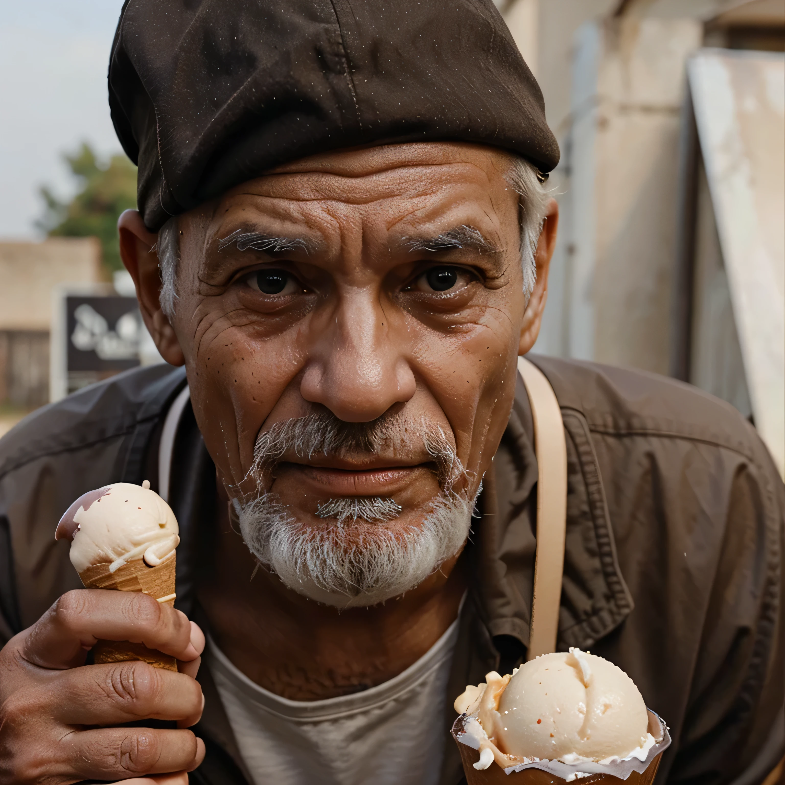 A poor old man with two ice-cream and his expressions like a .