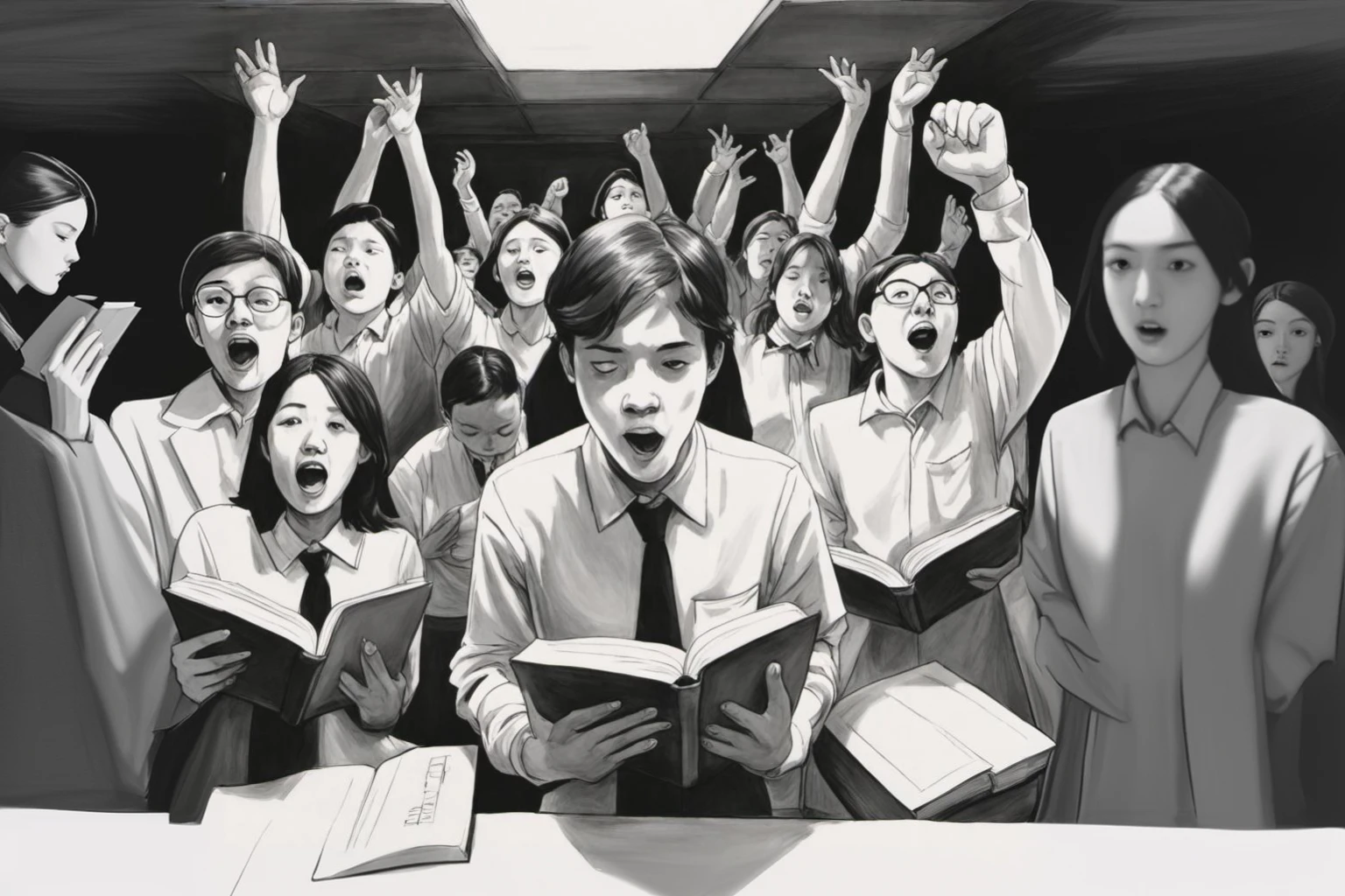 Black and white painting，In the dead silent classroom，Students standing neatly in front of the desk，Holding a book in hand and reading（The mouth is wide open）