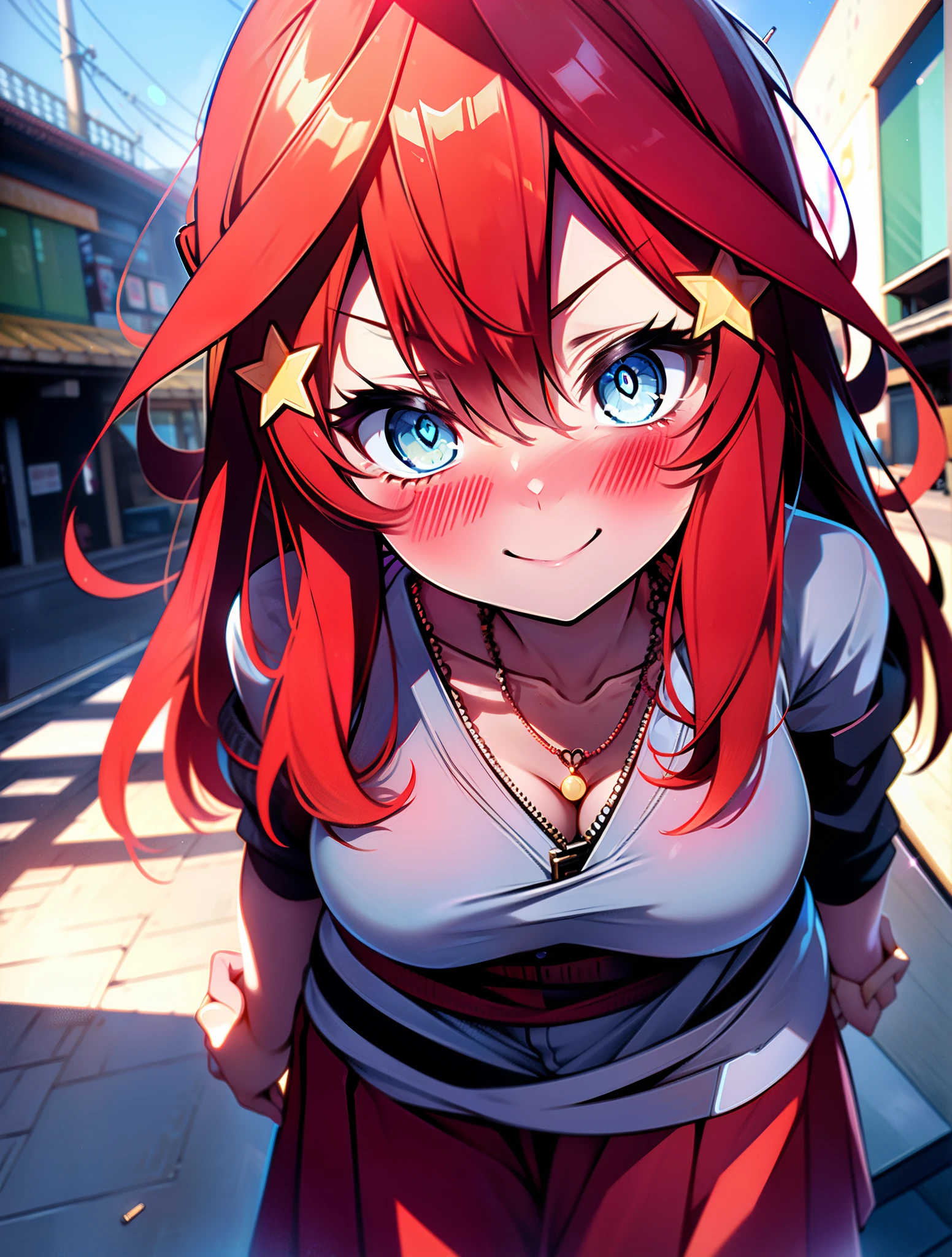 itsukinakano, itsuki nakano, bangs, blue eyes, hair between eyes, Ahoge, redhead, star \(symbol\happy smile, smile, open your mouth,embarrassing,blush, hair ornaments, star hair ornaments,Akagi glasses,red off shoulder sweater,bare shoulders,bare clavicle,naked neck,Heart Pendant Necklace,Black long skirt,Mini Boots,put your left hand on your waist,slouch,whole bodyがイラストに入るように,There are many shops,noon,Light of the sun,clear,Looking up from below,
break outdoors, station,square,
break looking at viewer,whole body (cowboy shot:1.5),
break (masterpiece:1.2), highest quality, High resolution, unity 8k wallpaper, (shape:0.8), (fine and beautiful eyes:1.6), highly detailed face, perfect lighting, Very detailed CG, (perfect hands, perfect anatomy),