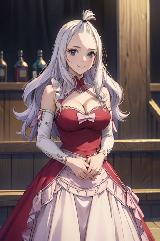 (best quality, 4k, 8k, highres, masterpiece:1.2), ultra-detailed, realistic, photorealistic:1.37, Mirajane Strauss, beautiful smile, sensual red dress