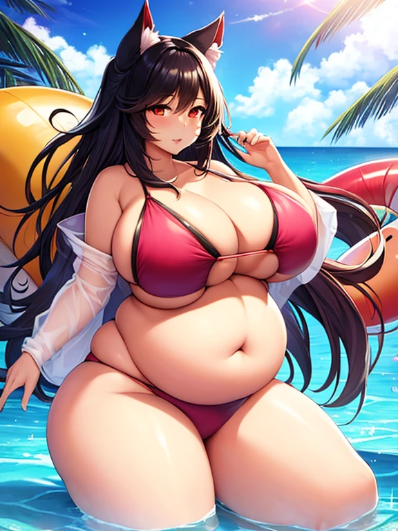Ahri, big lips bikini, bbw, Big round belly, obese, long black hair