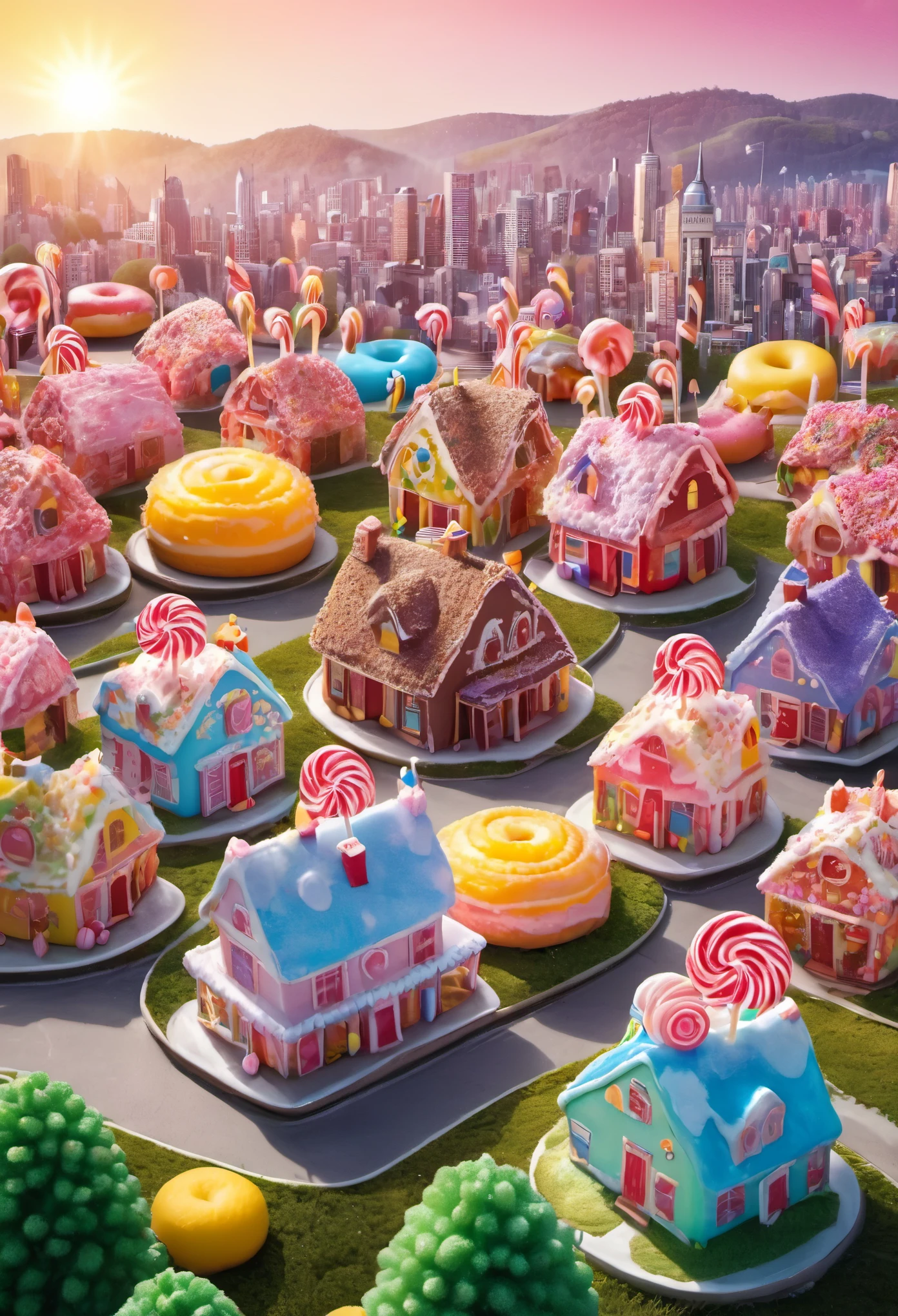 general shot: 1.5, ((city of sweet cake and candy buildings: 1.7)), (( candies, tree-shaped lollipops, donut-shaped sun, beautiful candy colors: 1.6)), ultra-realistic, photorealistic CG K : 1.4, skin texture: 1.4, masterpiece: 1.4, ((hyper detailed, epic, beautiful, creative and imaginative image: 1.6)), 32k.