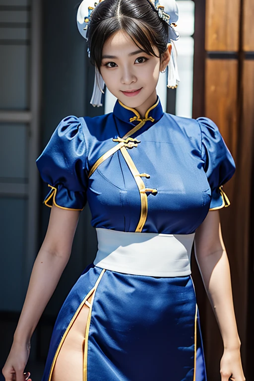 《Street Fighter II》Chun Li in,Perfect Chun-Li Costume,Blue and gold thread cheongsam,bun tou,good cover,fighting stance,masterpiece、1 beautiful girl、narrow eyes、puffy eyes、best quality, 超High resolution, (Reality: 1.4), movie lighting、Japanese、asian beauty、Korean、Super beautiful、beautiful skin、Body facing forward、face close-up、(超Reality的な)、(High resolution)、(8K)、(Very detailed)、(美しくnarrow eyes)、(super detailed)、 (wall-)、Detailed face、bright lights、professional lighting、looking at the audience、look directly、side fringe、nogizaka idol、korean idol、masterpiece, best quality, masterpiece, best quality, perfect face, Perfect brown eyes and white sclera, Bad move -5, alone, 1 girl, Upper body, brown hair, from SF2, Chinese service, Smile,  [[[特写cleavage]]]]Huge long saggy breasts, looking at the audience，cleavage, The chest is more exposed，, blue clothes, pantyhose, pelvic curtain, puffy short sleeves, nice cover, sash, Evaluate: