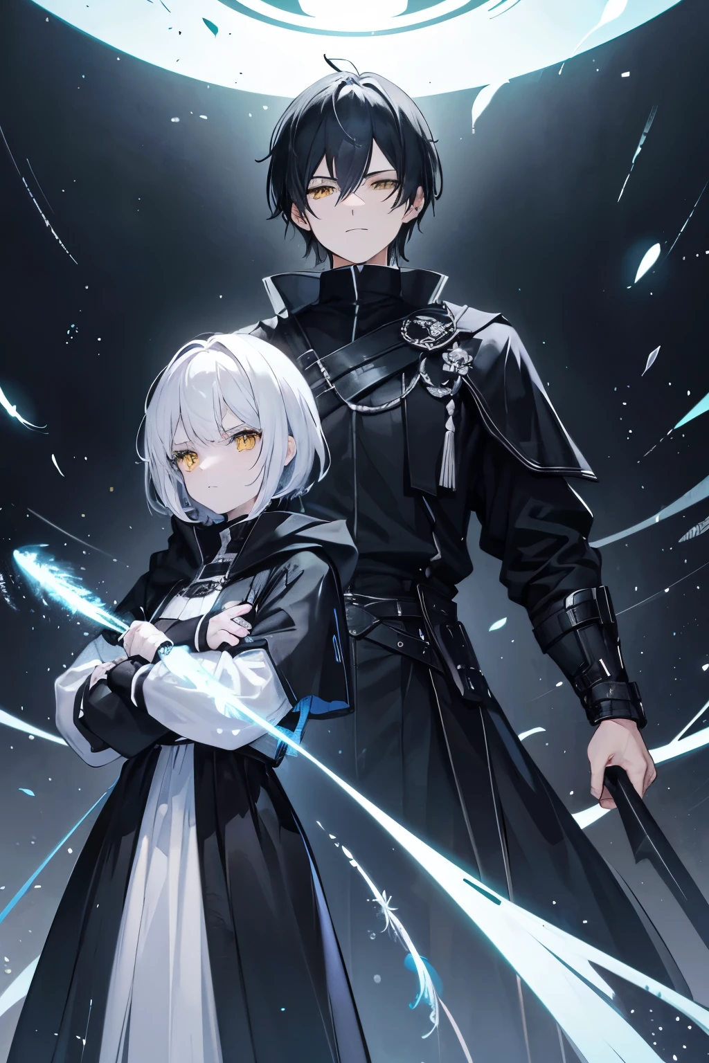a guy with short, black hair and wears all black. He wears a black compression shirt and a black cloak and he is muscular. his face is very masculine and he has a solemn expression. he is facing the left. he stands back to back with a white haired, cute young girl, with a white dress, who glows with white light.surrounded by feathers. she has yellow eyes. she is facing the right.