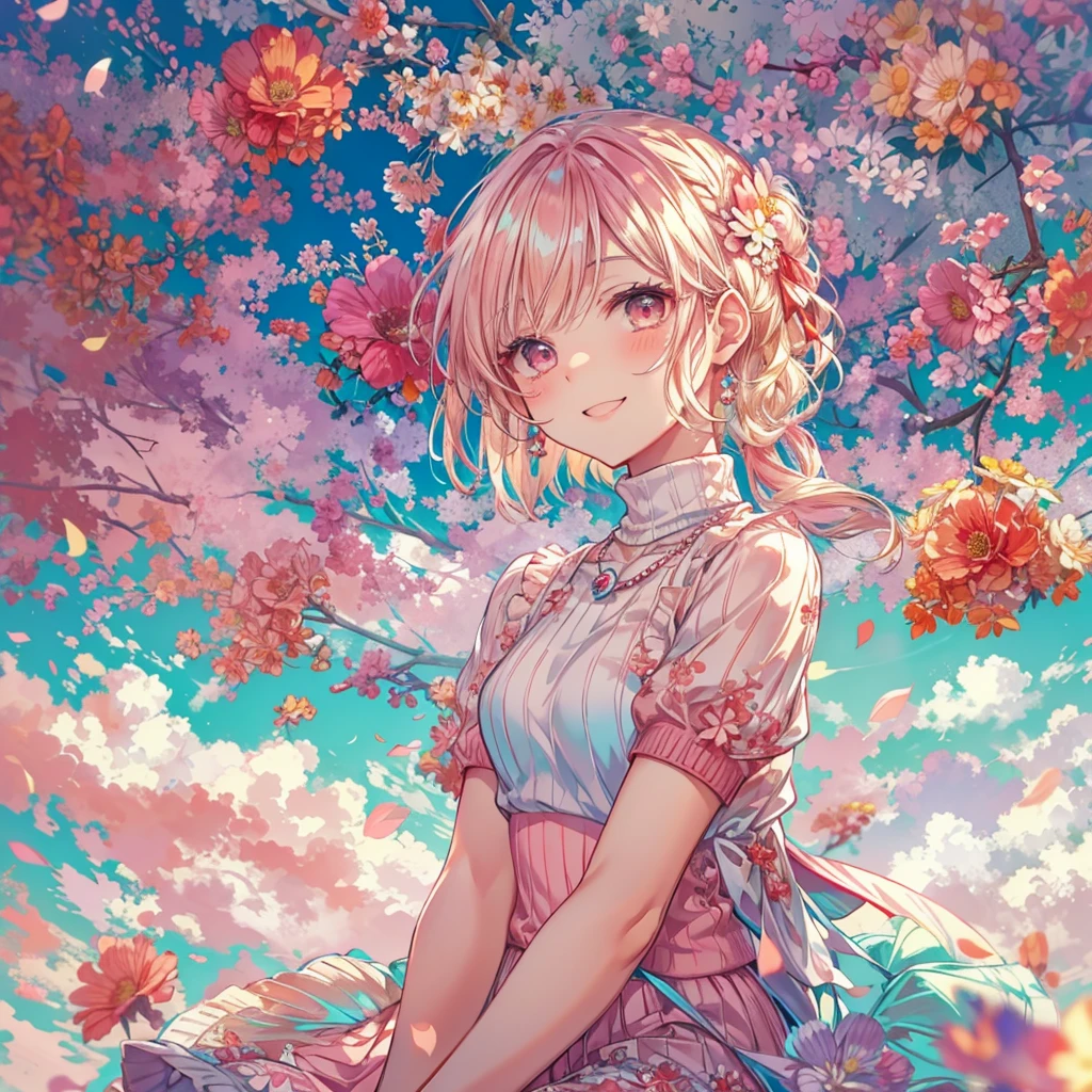 absurd, super detailed,bright colors, very beautiful detailed anime face and eyes, look straight, ;d, shiny_skin,25 years old, short hair, (amount:1.3), Blonde short twin tails, shiny hair, delicate beautiful face, blush、(cyan eyes:1.2), White skin, Barrette, earrings, necklace, (Red high neck knit:1.5),(Smile:1.4),(floral long skirt:1.3),beautiful clouds,(pink pumps),dusk sky,full body