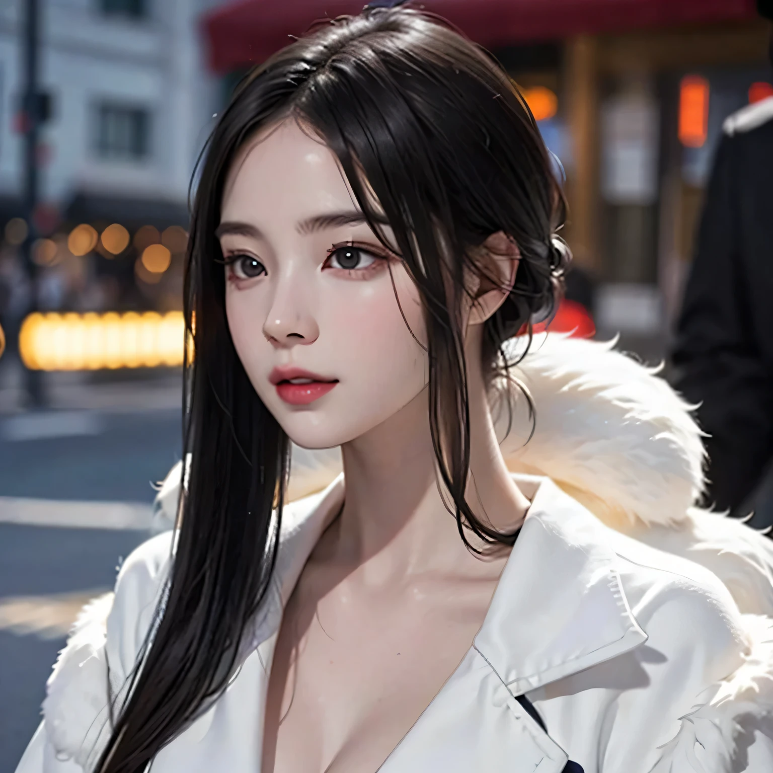 Beautiful girl with realistic black eyes, pale skin, medium length black hair, perfect face, perfect eyes, wearing a coat, very detailed, comprehensive movie, digital painting, 8K, cinematic lighting, highest quality, High resolution, Great job!, Post-processing, perfect result, surreal，(((revealing clothes)))，big breasts，NSFW:0.9