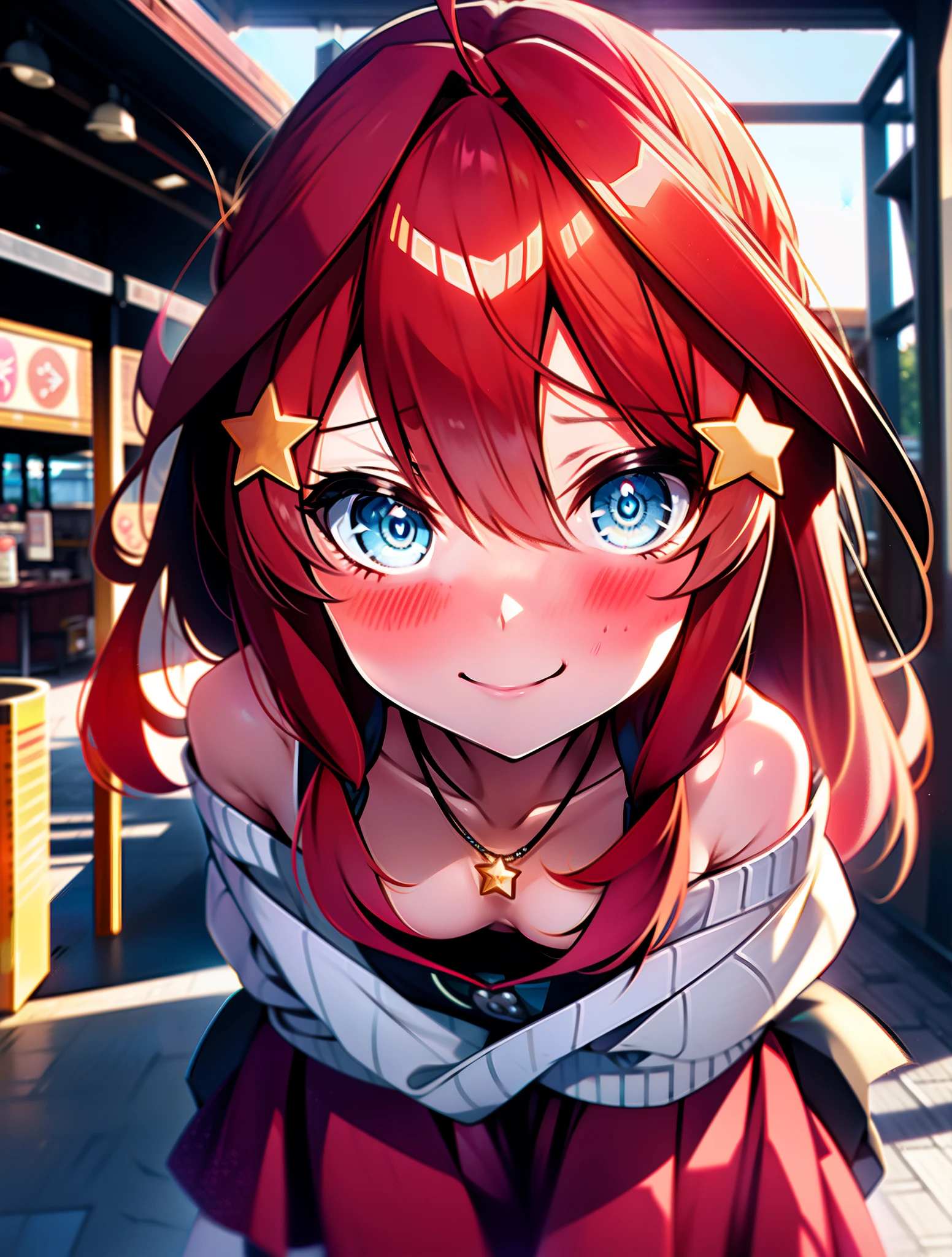 itsukinakano, itsuki nakano, bangs, blue eyes, hair between eyes, Ahoge, redhead, star \(symbol\happy smile, smile, Mouth wide open,embarrassing,blush, hair ornaments, star hair ornaments,Akagi glasses,red off shoulder sweater,bare shoulders,bare clavicle,naked neck,Heart Pendant Necklace,Black long skirt,Mini Boots,put your left hand on your waist,slouch,whole bodyがイラストに入るように,There are many shops,noon,Light of the sun,clear,Looking up from below,
break outdoors, station,square,
break looking at viewer,whole body (cowboy shot:1.5),
break (masterpiece:1.2), highest quality, High resolution, unity 8k wallpaper, (shape:0.8), (fine and beautiful eyes:1.6), highly detailed face, perfect lighting, Very detailed CG, (perfect hands, perfect anatomy),