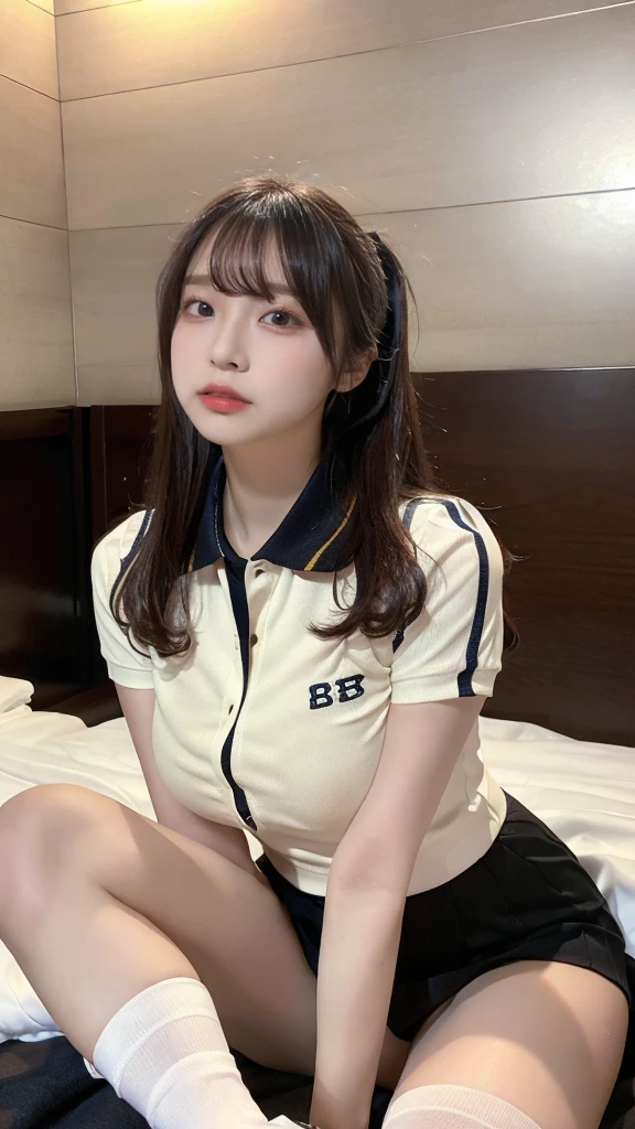muste piece, best quality, illustration, Super detailed, fine details, High resolution, 8K,wall paper, perfect dynamic composition,(Details High quality, realistic depiction of eyes:1.3),  (Polo shirt with collar), pleated skirt, knee high socks, ponytail, Lying down, black hair color, Big Natural Color Lip, bold  pose, (perfect body shape), crying a little、cold gaze, Harajuku style、20 year old girl、cute type、lolita、beautiful legs, hotel room, hposing Gravure Idol, Voluptuous thighs