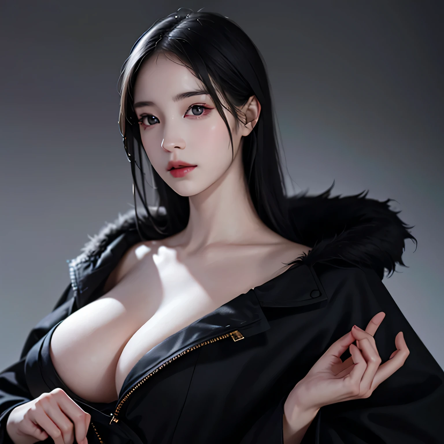 Beautiful girl with realistic black eyes, pale skin, medium length black hair, perfect face, perfect eyes, wearing a coat, very detailed, comprehensive movie, digital painting, 8K, cinematic lighting, highest quality, High resolution, Great job!, Post-processing, perfect result, surreal,(((revealing clothes))),big breasts,NSFW:1.5
