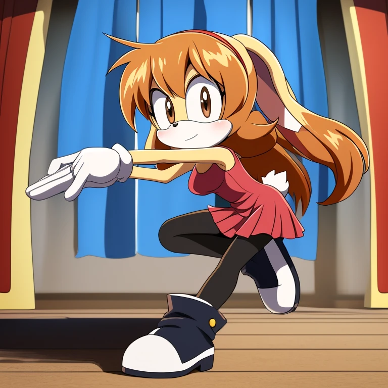 Female, Mobian, Rabbit, Cream the Rabbit, sonic the hedgehog \(series\), rabbit girl, ((solo)), ((1girl)), ((hairstyles, long wavy hair with curtain side bangs, similar to Maria)), brown eyes, (eyes open), serious, young adult, average sized breasts, hair on top of shoulders, long peach hair color that’s is wavy, wearing a blue anime styled scarf, wearing a red one piece, knee length tights, black boots, white gloves, (((2D Anime Style))), many poses in a fighting pose, side view 