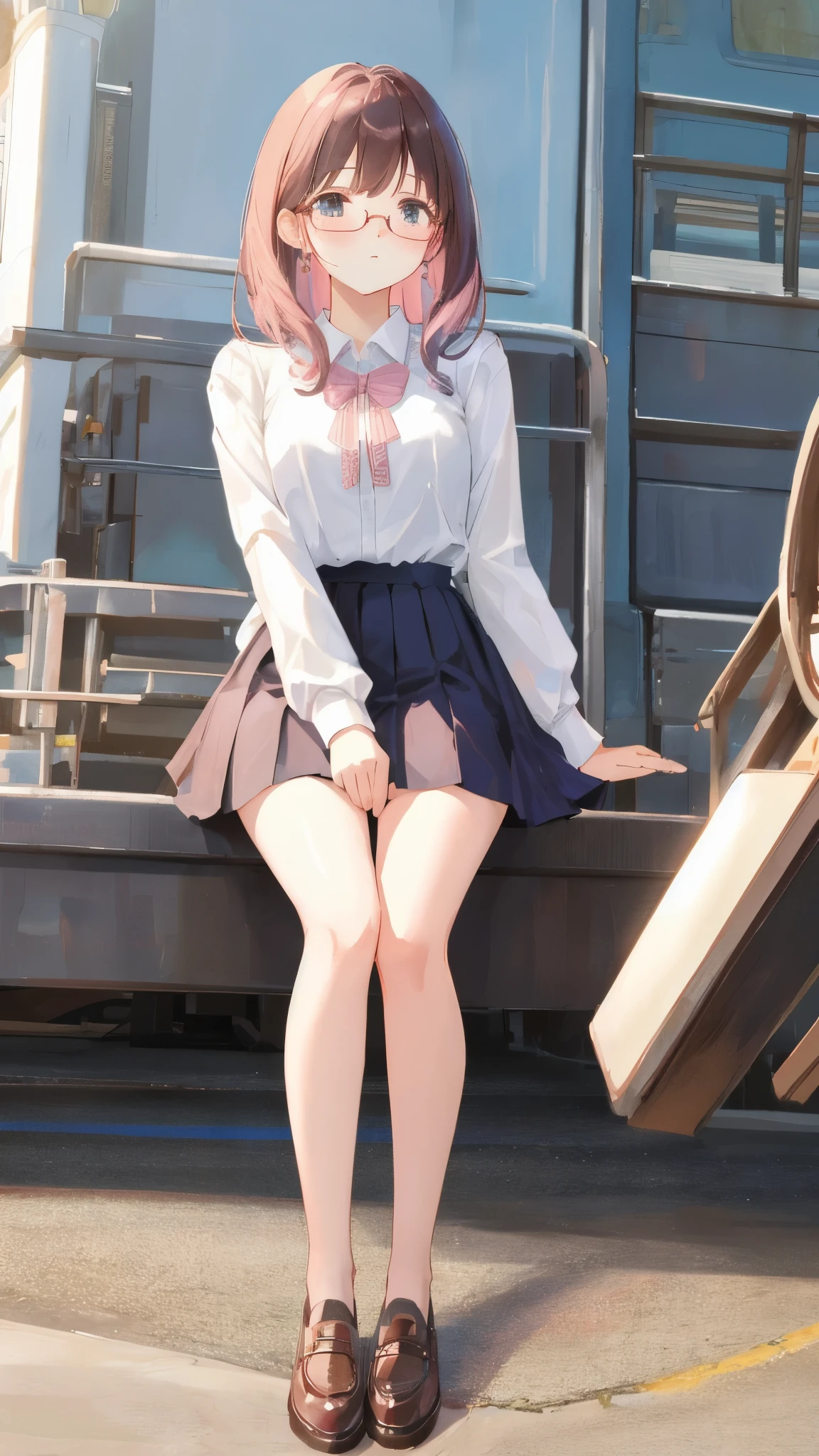(masterpiece), 4K,woman,Long sleeve sailor suit,Small breasts,Small Ass,Curly Twin Tails,Light bulb lighting,Realistic, skinny, Big smile,Frill Bra,((,Short bloomers under the skirt)),Sitting on the stairs,((Knee-length frill skirt)),Angle from below the knee