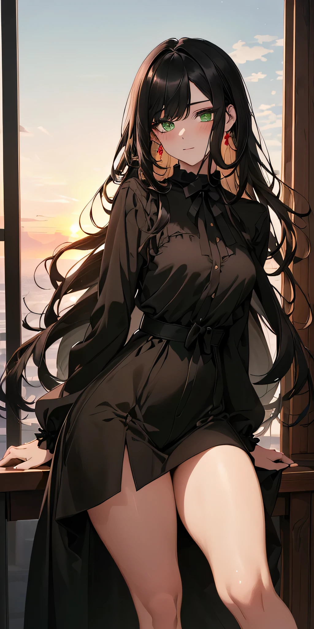 (top quality, masterpiece, high quality, ultra-delicate), ((beautiful girl)), (smooth dark black hair), mature, graceful curves, (long hair, long bangs), vibrant green eyes, detailed eyes, modern clothing, fashionable clothing, black collar, black shirt, casual ribbon, medium chest, charm, fashion, sunset in the background small blush, thick thighs, medium breast.
