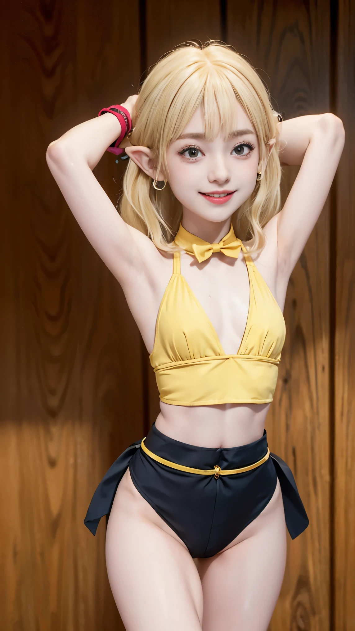 girl, goblin, smile of great joy，beautiful and moving，(((flat chest))),Do a dynamic dance、How to attach a painted ear headband、((((thin arms、thin waist、slender upper body、thin thighs、thin lower body))))、medium long hair、(((blonde hair)))、tropical sandy beach、dazzling smile、micro bikini、full body shot、A bow tie、wear big gold earrings