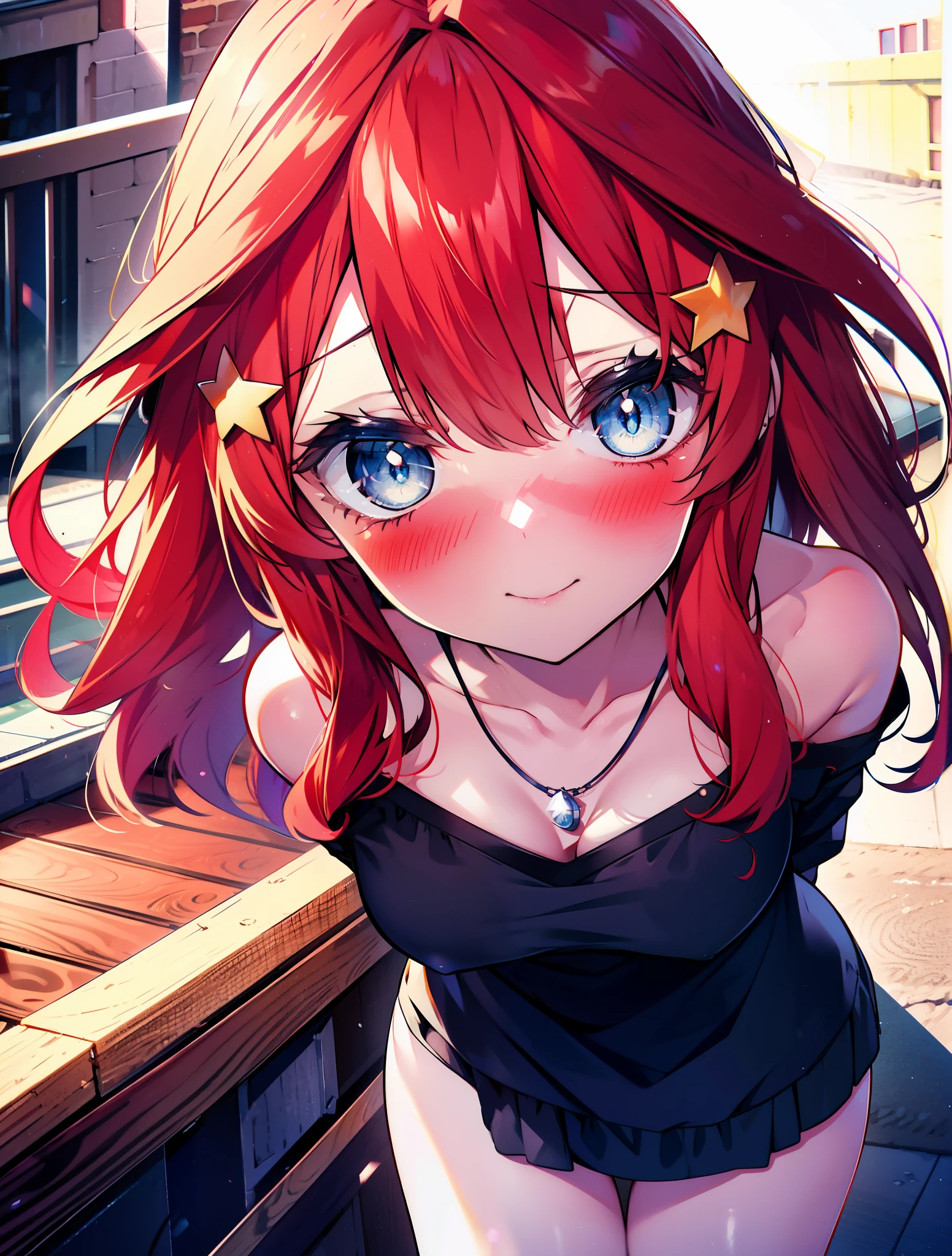 itsukinakano, itsuki nakano, bangs, blue eyes, hair between eyes, Ahoge, redhead, star \(symbol\happy smile, smile, Mouth wide open,embarrassing,blush, hair ornaments, star hair ornaments,Akagi glasses,red off shoulder sweater,bare shoulders,bare clavicle,naked neck,Heart Pendant Necklace,Black long skirt,Mini Boots,put your left hand on your waist,slouch,whole bodyがイラストに入るように,There are many shops,noon,Light of the sun,clear,Looking up from below,
break outdoors, station,square,
break looking at viewer,whole body (cowboy shot:1.5),
break (masterpiece:1.2), highest quality, High resolution, unity 8k wallpaper, (shape:0.8), (fine and beautiful eyes:1.6), highly detailed face, perfect lighting, Very detailed CG, (perfect hands, perfect anatomy),