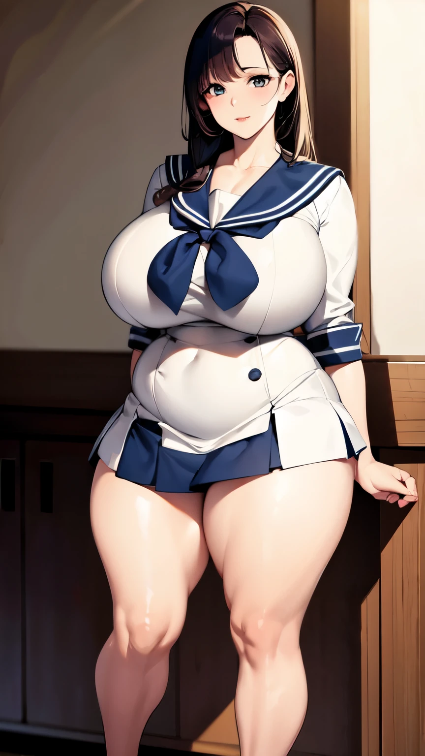 huge breasts, big hips, sailor suit, mini skirt, full body shot, Mature mother, Whipping the lower body, plump thighs, calf, bewitching mature woman, perfect body, plus size model,