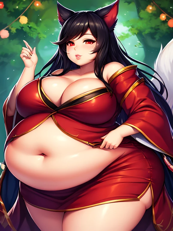 Ahri, big lips, red dress, bbw, Big round belly, obese, long black hair