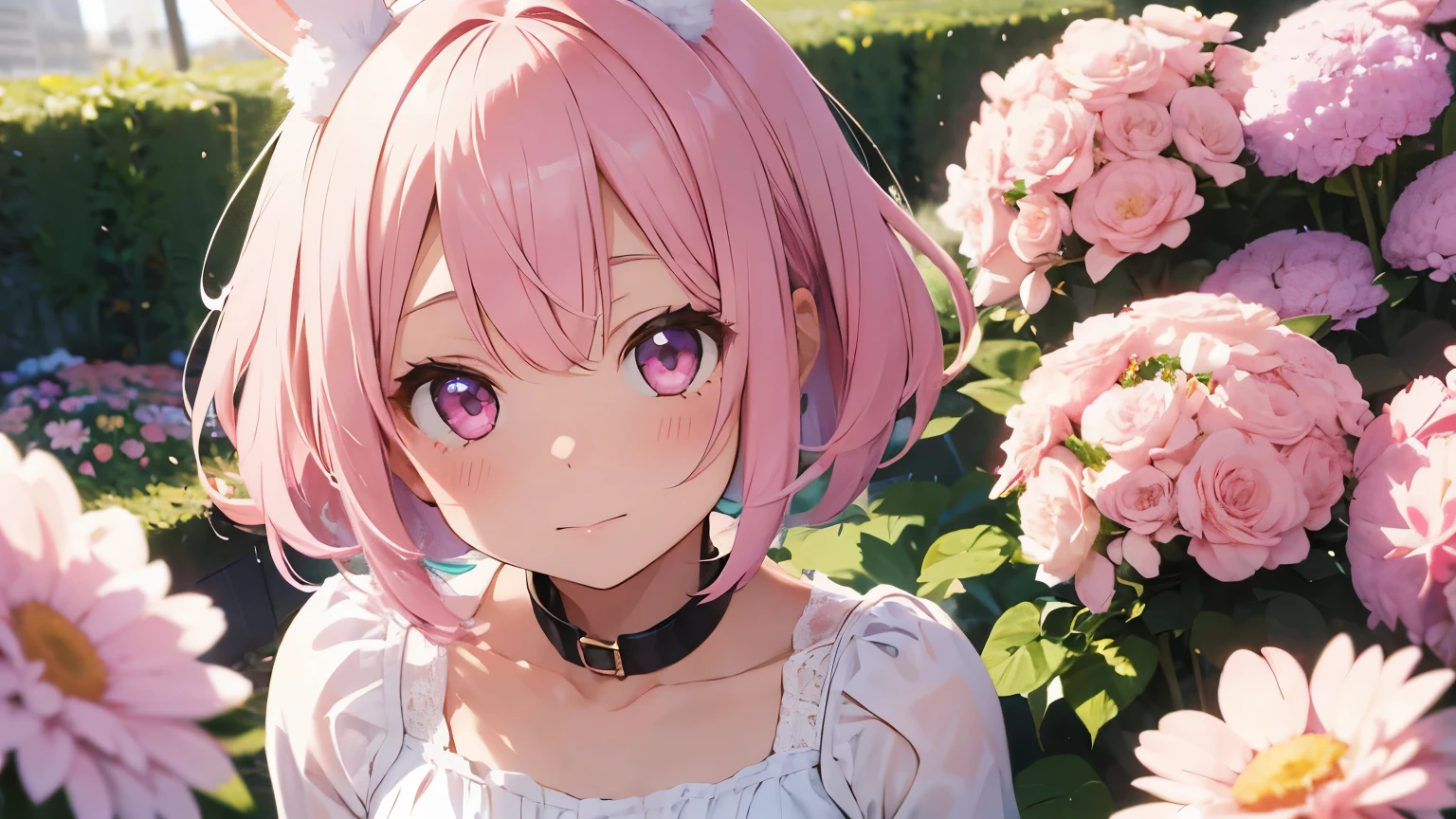 highest quality, pretty girl, pastel colour, fluffy rabbit ears, pink short bob,light pink eyes,flower garden