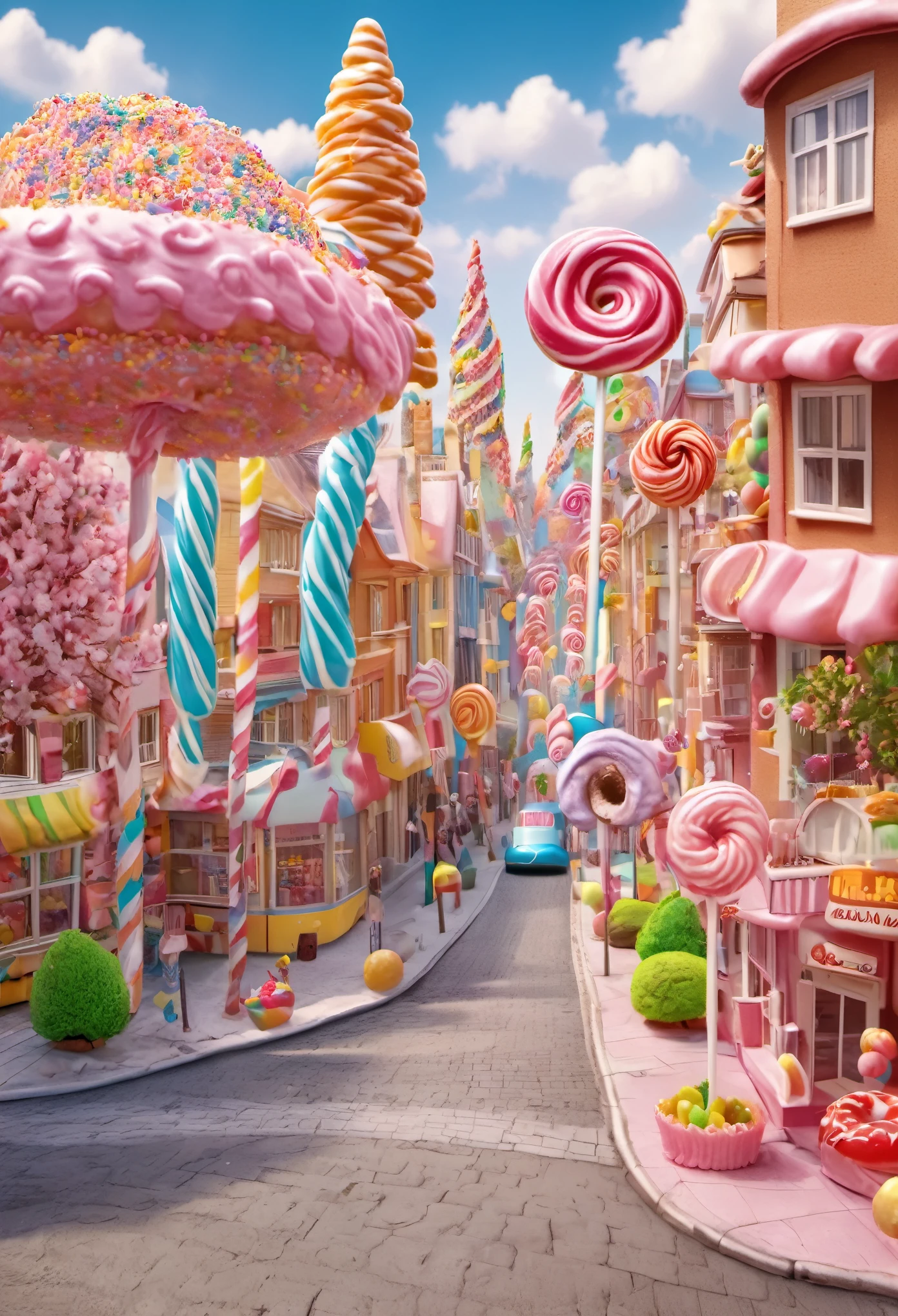 general shot: 1.5, ((city of sweet cake and candy buildings: 1.7)), (( candies, tree-shaped lollipops, donut-shaped sun, beautiful candy colors: 1.6)), ultra-realistic, photorealistic CG K : 1.4, skin texture: 1.4, masterpiece: 1.4, ((hyper detailed, epic, beautiful, creative and imaginative image: 1.6)), 8k.