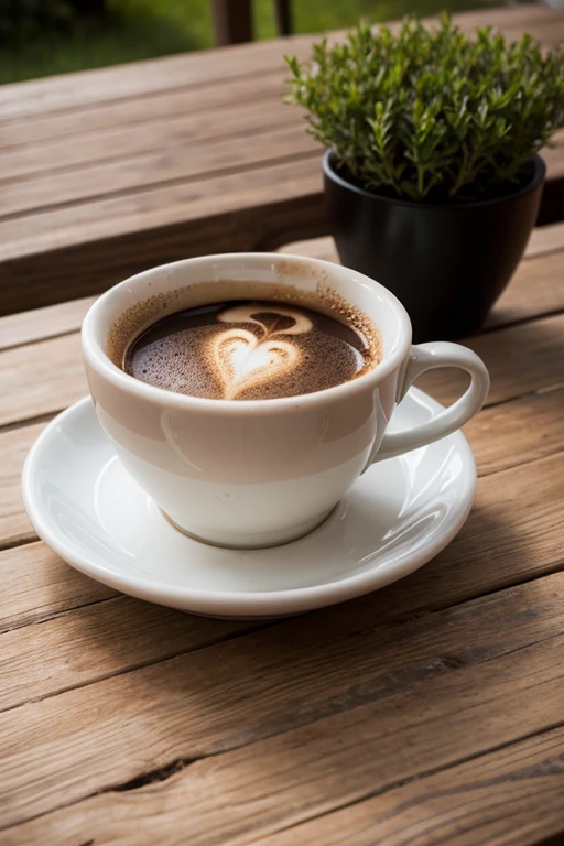 Dans un style réaliste, a coffee cup with coffee in it placed on a wooden terrace table. Image ressemble une photo 4k. La tasse est simple est blanche 