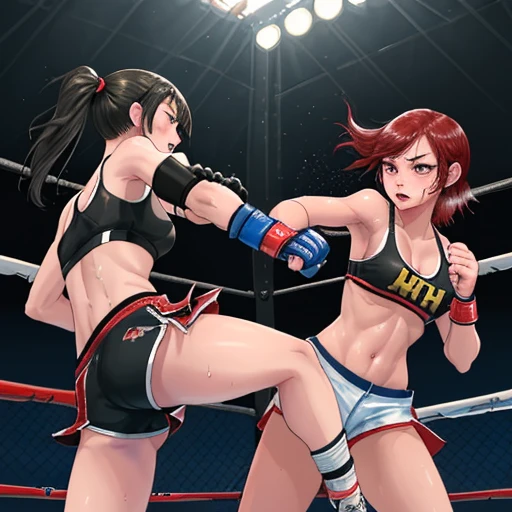 Two beautiful high school girls mixed martial artists fighting very hard in kickboxing, bleeding。Throwing punches and kicks。Fighting inside the Octagon。Rivals。Glare。I'm soaked in sweat。open finger gloves。sports bra。Bikini Shorts。erect nipples。