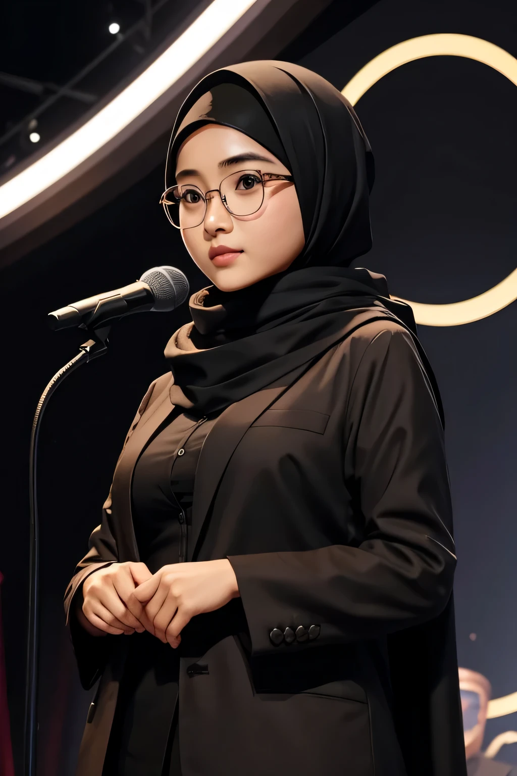 Detailed face of half body photo. 25 year old Indonesian girl with a sweet face, big round face round glasses, wearing a black pashmina hijab with a black shirt inner and brown blazer outer while giving a speech on a luxurious stage at night