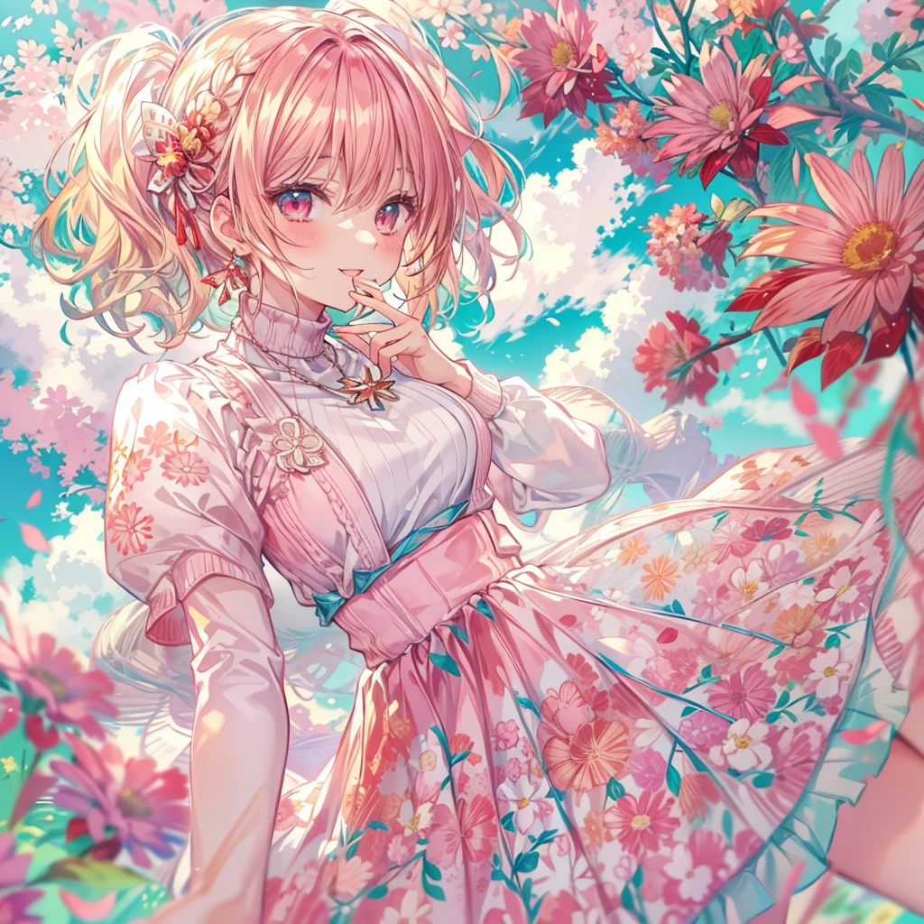 absurd, super detailed,bright colors, very beautiful detailed anime face and eyes, look straight, ;d, shiny_skin,25 years old, short hair, (amount:1.3), Blonde short twin tails, shiny hair, delicate beautiful face, blush、(cyan eyes:1.2), White skin, Barrette, earrings, necklace, (Red high neck knit:1.5),(Smile:1.4),(floral long skirt:1.3),beautiful clouds,(pink pumps),dusk sky,full body