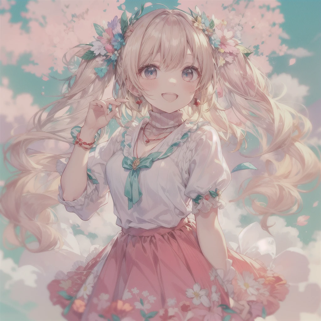 absurd, super detailed,bright colors, very beautiful detailed anime face and eyes, look straight, ;d, shiny_skin,25 years old, short hair, (amount:1.3), Blonde short twin tails, shiny hair, delicate beautiful face, blush、(cyan eyes:1.2), White skin, Barrette, earrings, necklace, (Red high neck knit:1.5),(Smile:1.4),(floral long skirt:1.3),beautiful clouds,(pink pumps),dusk sky,full body