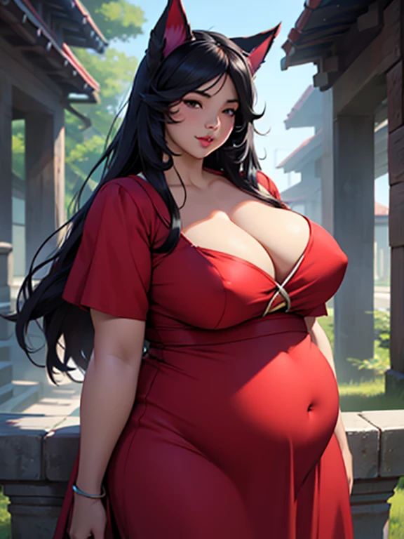 Ahri, big lips, red dress, bbw, Big round belly, obese, long black hair