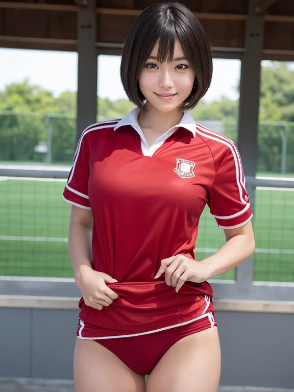 ((((whole body 1.4)))),1 girl, masterpiece,best image quality,13 years, smile, beautiful eyes, perfect eyes, beautiful lips, perfect lips, short hair, Are standing, ,volleyball player red uniform,Hot pants style with emphasis on pussy, backwards,Face this way,,perfect face, Angelic,Idol, super realism,surreal, Japanese girl film grain, Gym