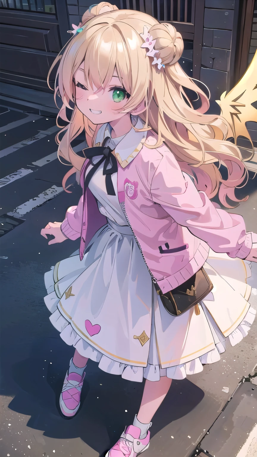 (masterpiece:1.2), (highest quality:1.2), perfect eyes, perfect face, perfect lighting, middle ages, middle ages, In town, 1 girl, blonde, yellow-green eyes, ((hair over one eye)), one eye closed , (((wavy hair))), bun_head, medium hair, (grin), pink jacket,　white t-shirt, black skirt,　Pink shoes,　dragon wings, From above, From the side, big breasts,  